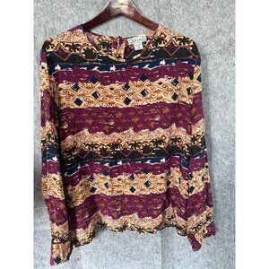 Silk Land 100% Pure Silk Multicolor Boho Long-Sleeve Womens Top Large